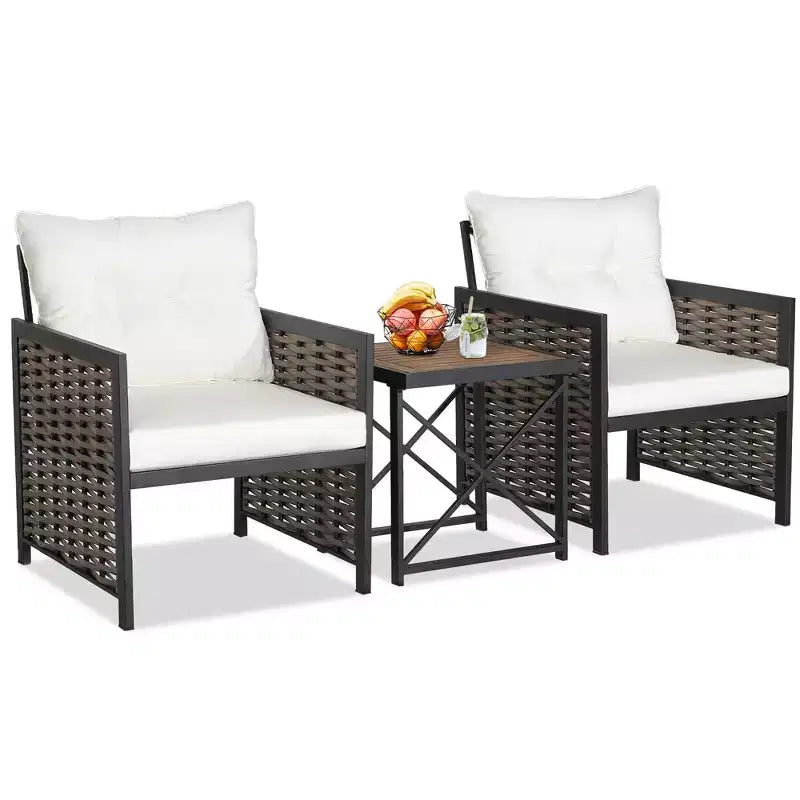 Set di mobili da giardino in rattan Costway da 3 pezzi con tavolino in legno di acacia e 2 sedie per cortile