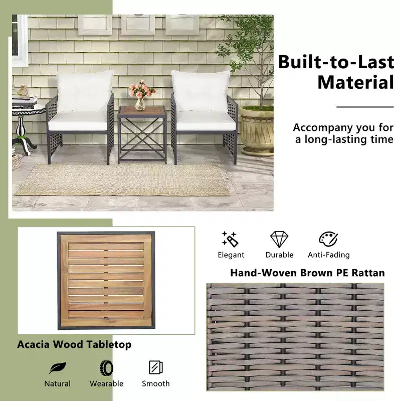 Set di mobili da giardino in rattan Costway da 3 pezzi con tavolino in legno di acacia e 2 sedie per cortile