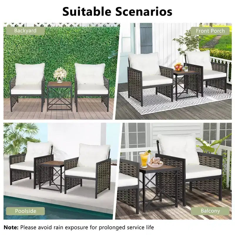 Set di mobili da giardino in rattan Costway da 3 pezzi con tavolino in legno di acacia e 2 sedie per cortile