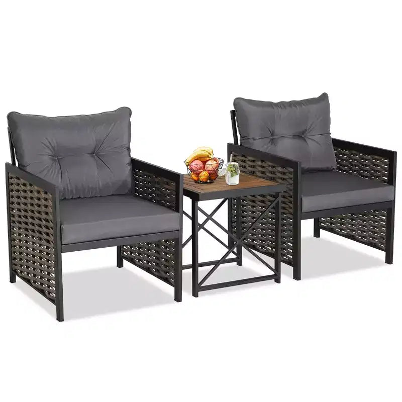 Set di mobili da giardino in rattan Costway da 3 pezzi con tavolino in legno di acacia e 2 sedie per cortile
