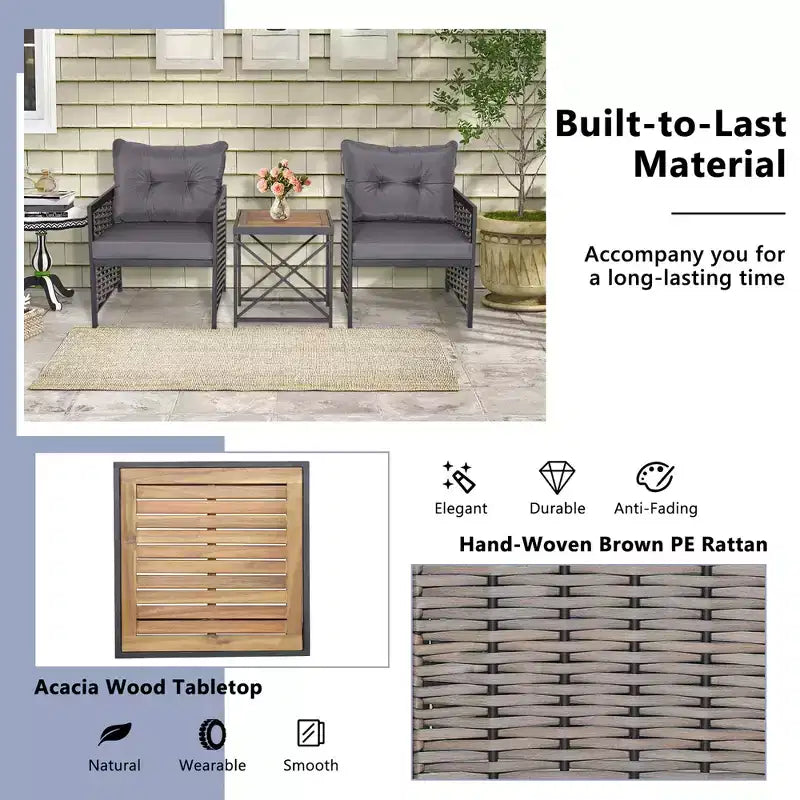 Set di mobili da giardino in rattan Costway da 3 pezzi con tavolino in legno di acacia e 2 sedie per cortile