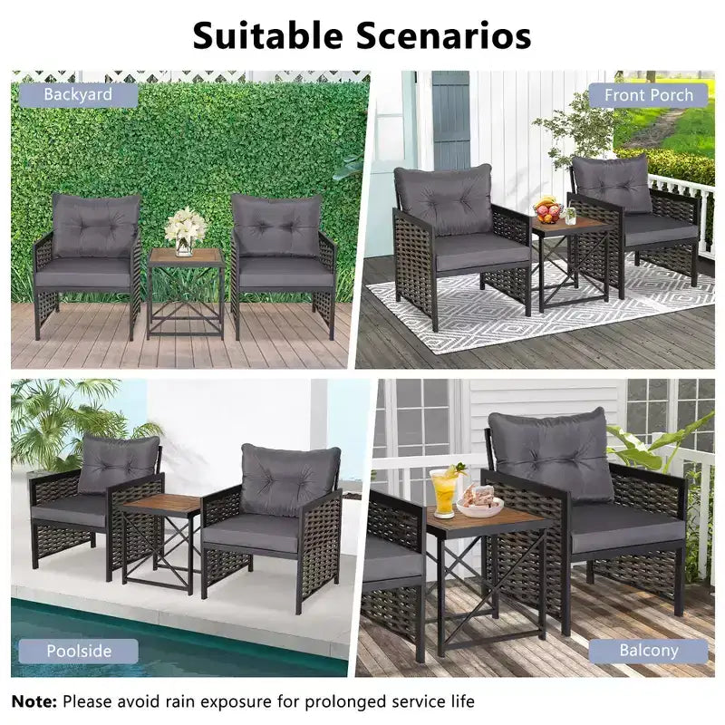 Set di mobili da giardino in rattan Costway da 3 pezzi con tavolino in legno di acacia e 2 sedie per cortile