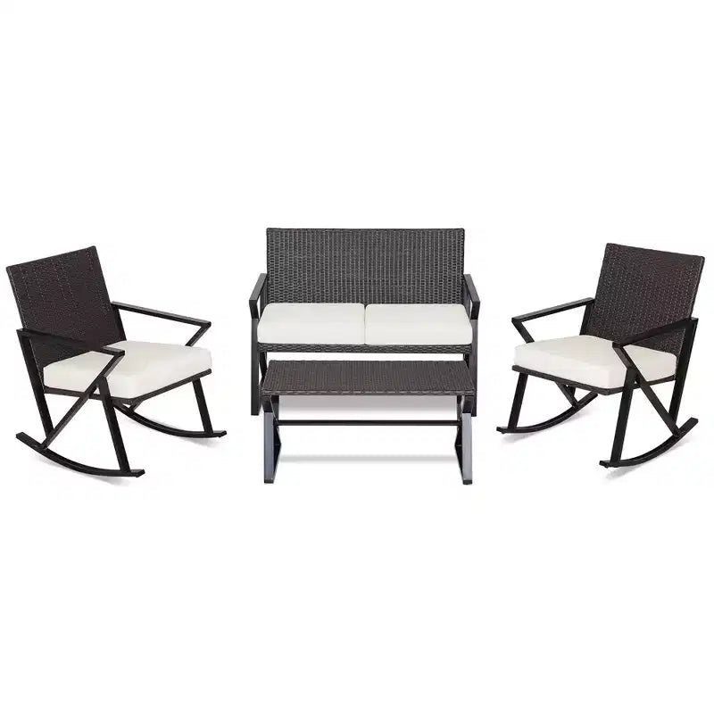 Set da giardino Costway 4 pezzi in rattan con sedie a dondolo, divanetto e tavolino, con cuscini per veranda
