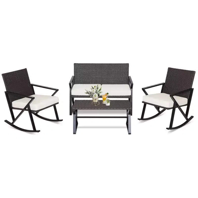 Set da giardino Costway 4 pezzi in rattan con sedie a dondolo, divanetto e tavolino, con cuscini per veranda