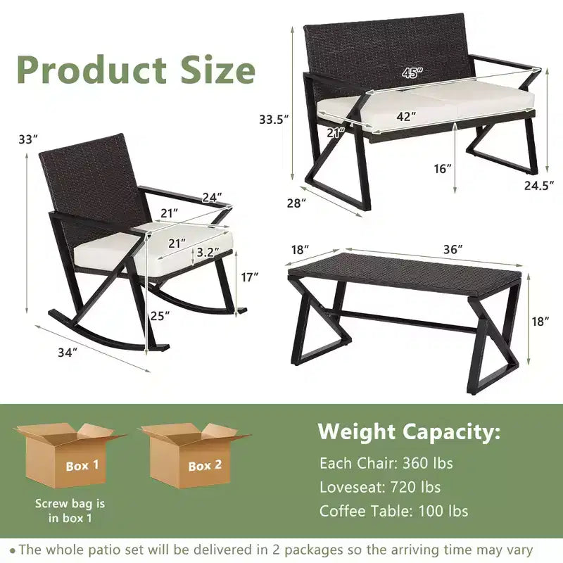 Set da giardino Costway 4 pezzi in rattan con sedie a dondolo, divanetto e tavolino, con cuscini per veranda