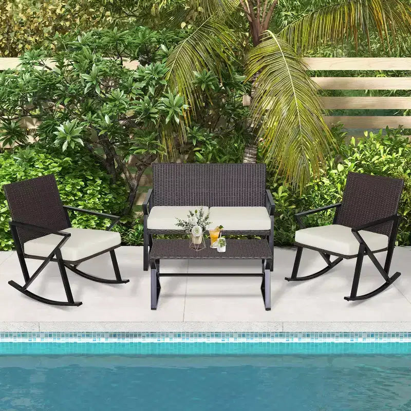 Set da giardino Costway 4 pezzi in rattan con sedie a dondolo, divanetto e tavolino, con cuscini per veranda