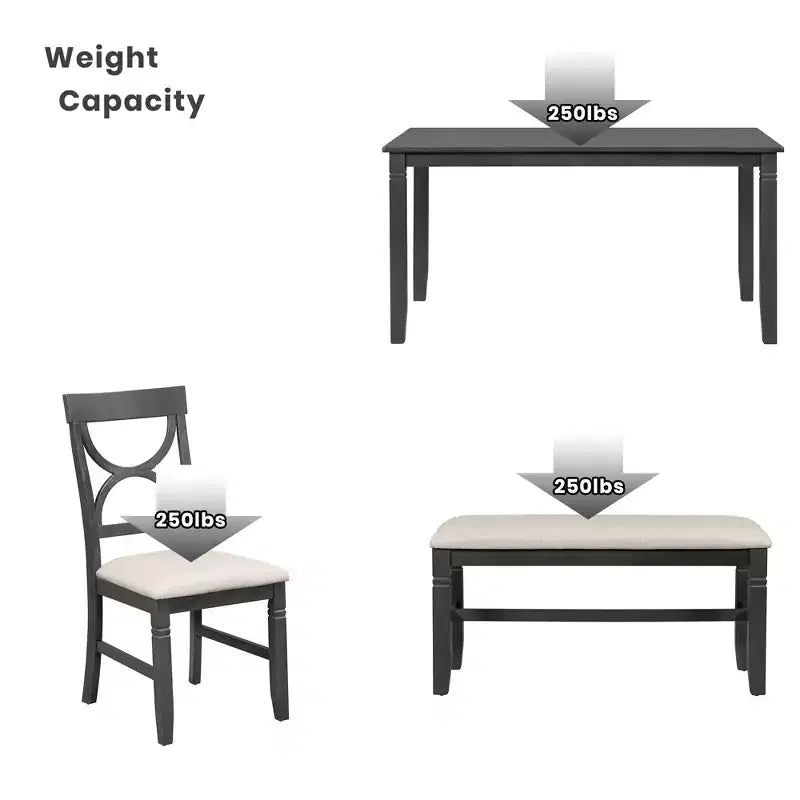 Set tavolo da pranzo rustico in legno da 6 pezzi con tavolo e sedie imbottite - ModernLuxe