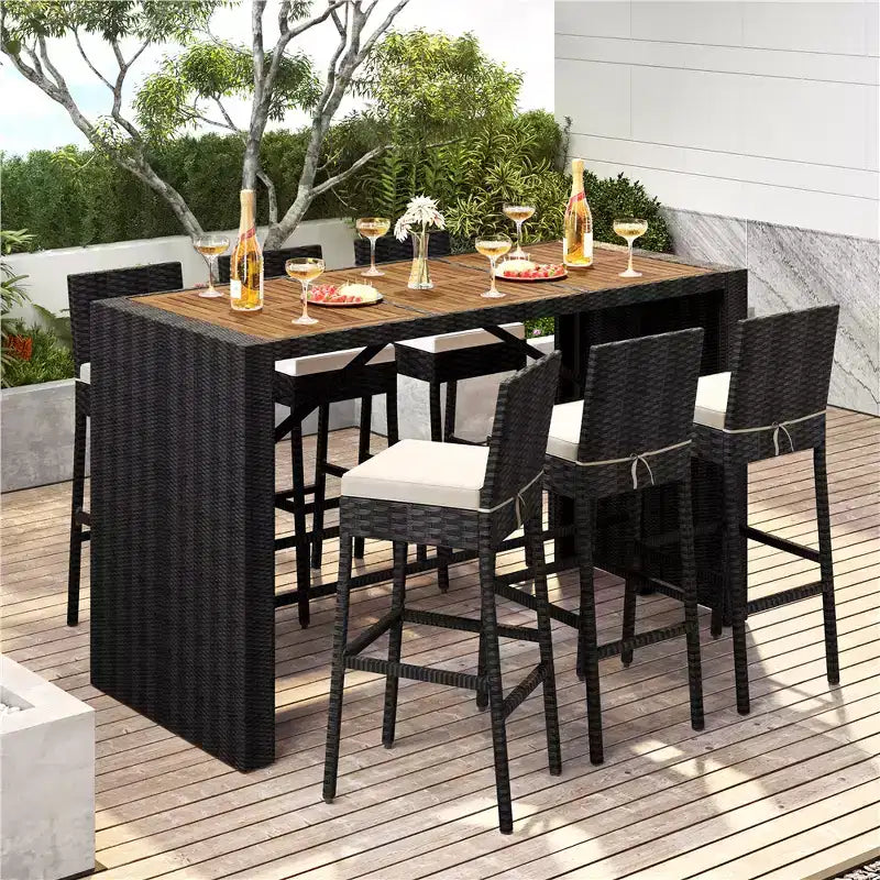 Set da bar per esterni Yaheetech da 7 pezzi, tavolo da bar e sedie per esterni, nero/beige nero