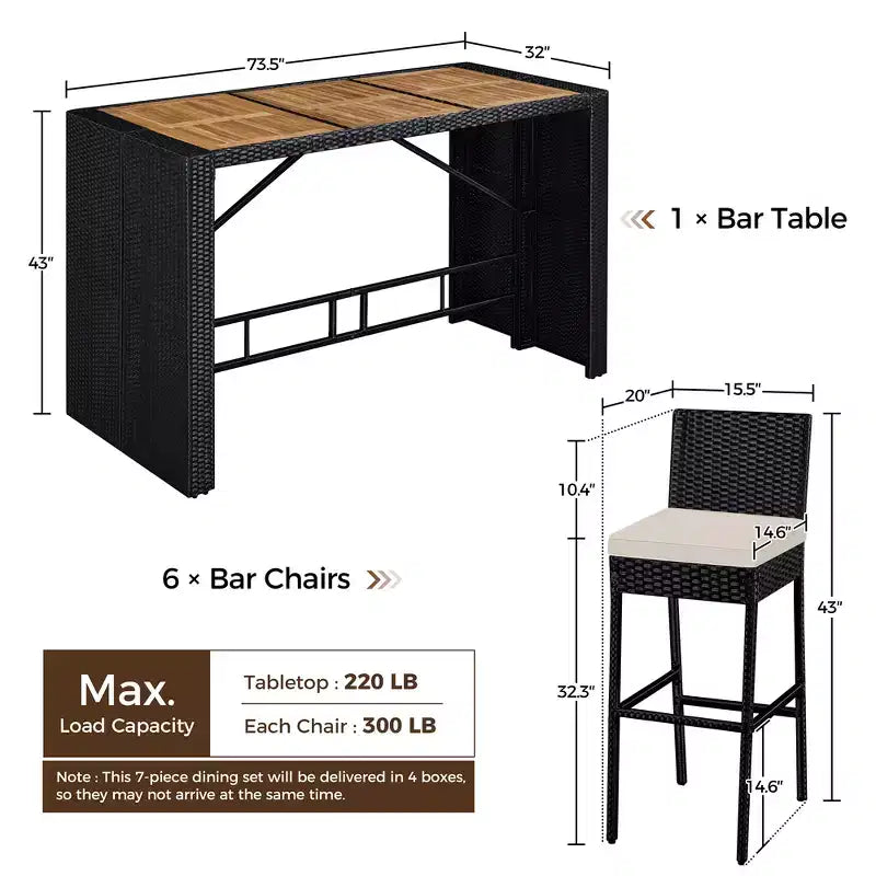 Set da bar per esterni Yaheetech da 7 pezzi, tavolo da bar e sedie per esterni, nero/beige nero