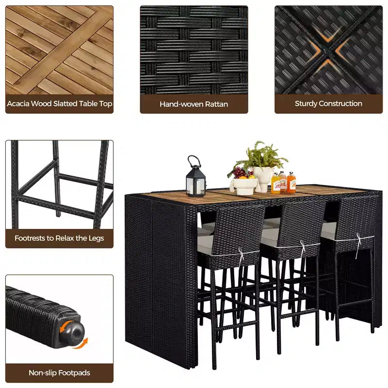 Set da bar per esterni Yaheetech da 7 pezzi, tavolo da bar e sedie per esterni, nero/beige nero