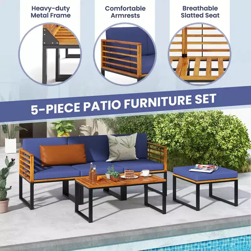 Set da 5 pezzi di sedie da patio Costway, set di sedie in legno di acacia con poggiapiedi e tavolino da caffè