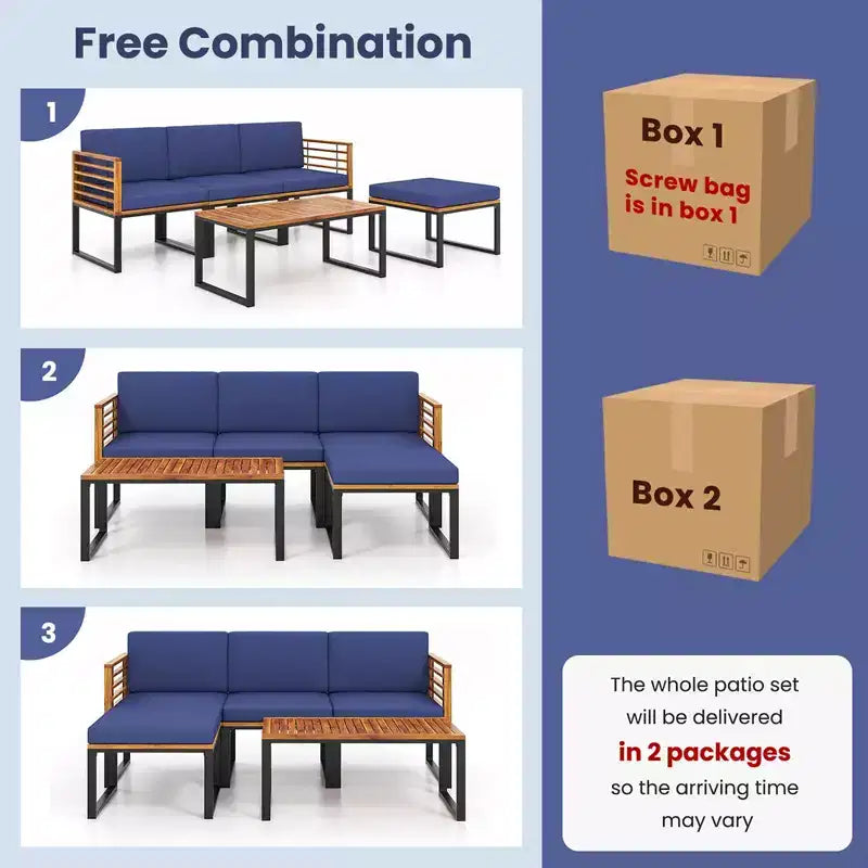 Set da 5 pezzi di sedie da patio Costway, set di sedie in legno di acacia con poggiapiedi e tavolino da caffè