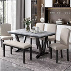 6 PSC Wood Dining Table Set, Rectangular Table with V-shaped Legs, 4 Upholstered Chairs and Bench, White-ModernLuxe