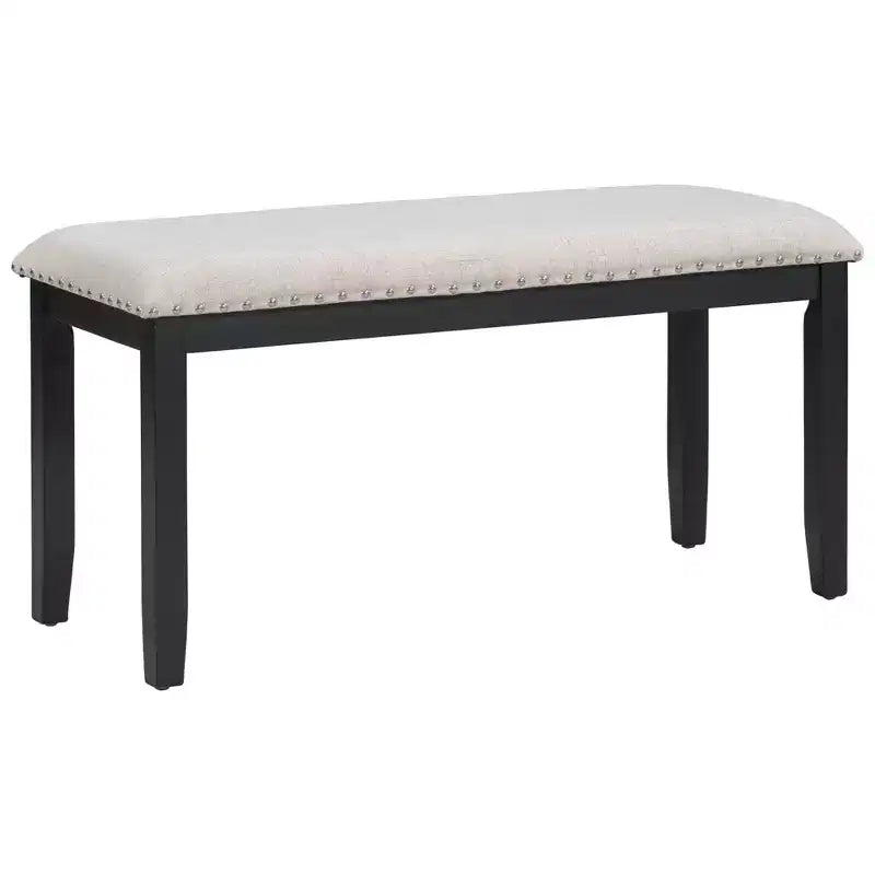 Set da pranzo in legno da 6 pezzi, tavolo rettangolare con gambe a V, 4 sedie imbottite e panca, Bianco-ModernLuxe