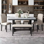 Set da pranzo in legno da 6 pezzi, tavolo rettangolare con gambe a V, 4 sedie imbottite e panca, Bianco-ModernLuxe