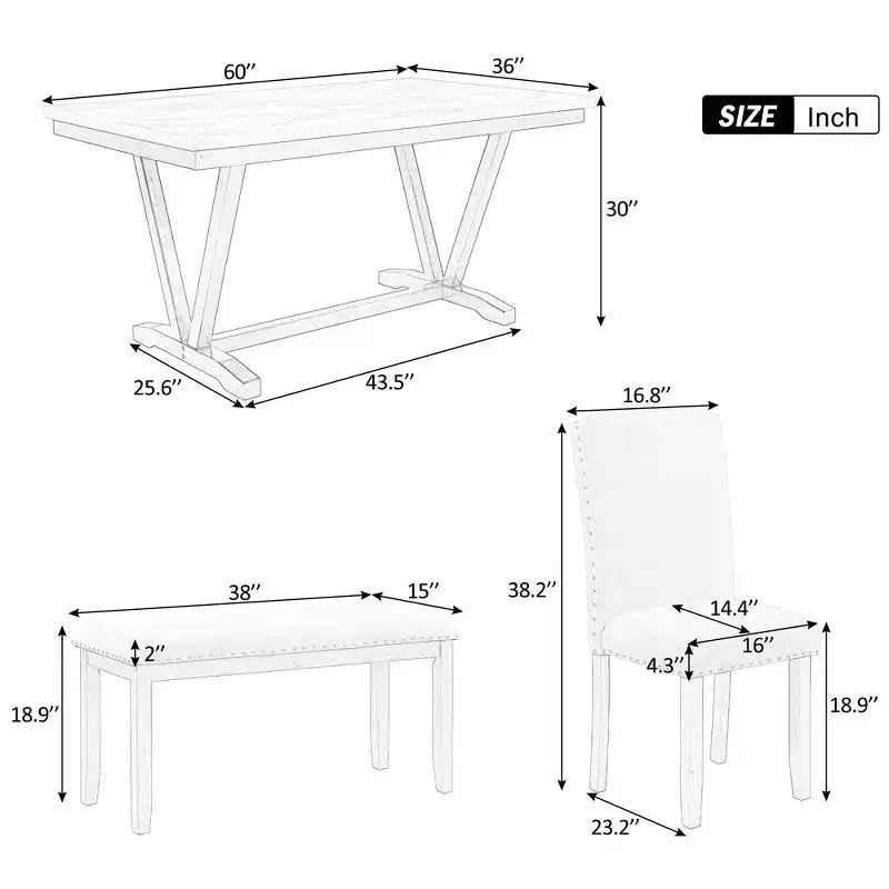 Set da pranzo in legno da 6 pezzi, tavolo rettangolare con gambe a V, 4 sedie imbottite e panca, Bianco-ModernLuxe