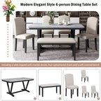 Set da pranzo in legno da 6 pezzi, tavolo rettangolare con gambe a V, 4 sedie imbottite e panca, Bianco-ModernLuxe