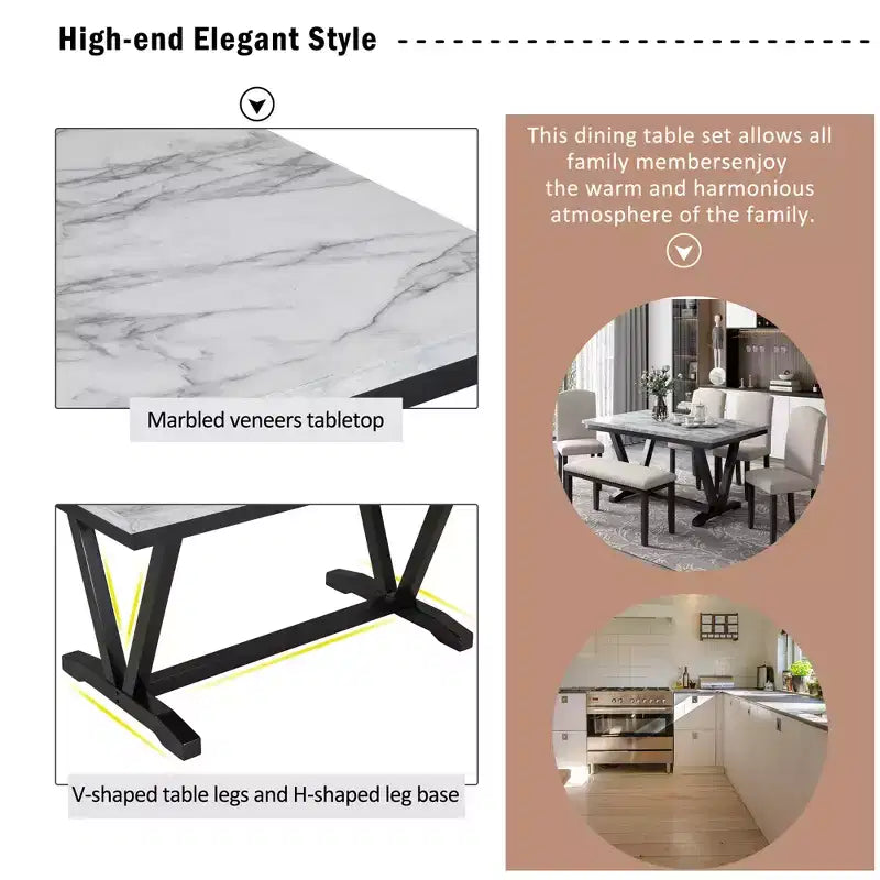 Set da pranzo in legno da 6 pezzi, tavolo rettangolare con gambe a V, 4 sedie imbottite e panca, Bianco-ModernLuxe