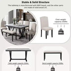 Set da pranzo in legno da 6 pezzi, tavolo rettangolare con gambe a V, 4 sedie imbottite e panca, Bianco-ModernLuxe