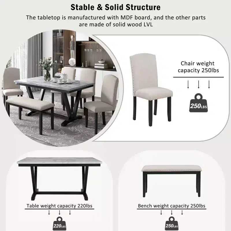 Set da pranzo in legno da 6 pezzi, tavolo rettangolare con gambe a V, 4 sedie imbottite e panca, Bianco-ModernLuxe