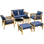 Set conversazione 7 pezzi Costway, set di sedie in rattan intrecciato con 2 tavolini da caffè e 2 pouf
