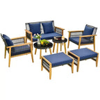 Set conversazione 7 pezzi Costway, set di sedie in rattan intrecciato con 2 tavolini da caffè e 2 pouf