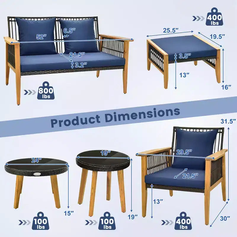 Set conversazione 7 pezzi Costway, set di sedie in rattan intrecciato con 2 tavolini da caffè e 2 pouf