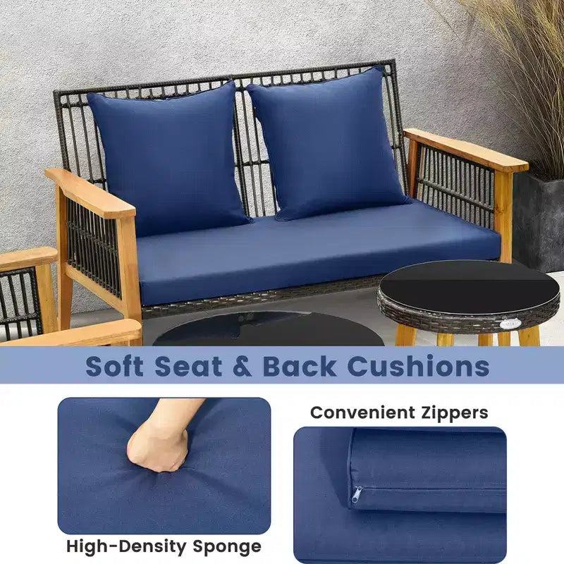 Set conversazione 7 pezzi Costway, set di sedie in rattan intrecciato con 2 tavolini da caffè e 2 pouf