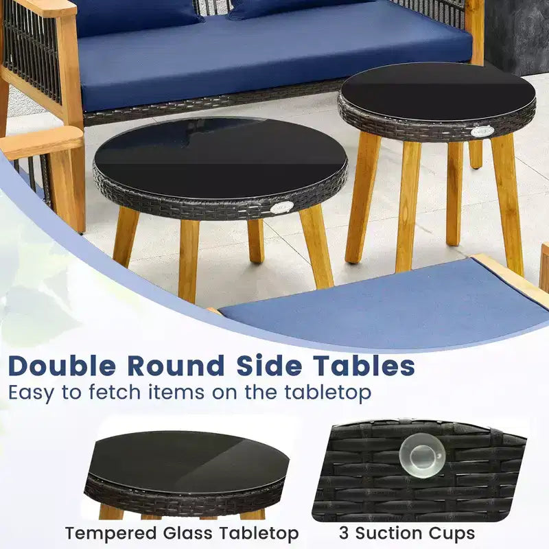 Set conversazione 7 pezzi Costway, set di sedie in rattan intrecciato con 2 tavolini da caffè e 2 pouf