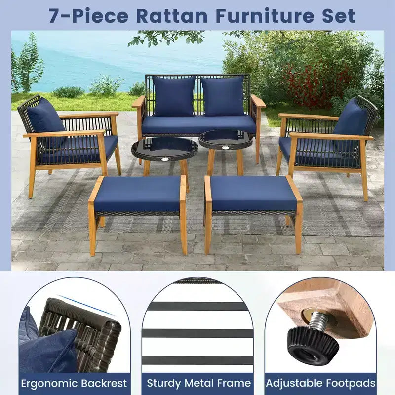 Set conversazione 7 pezzi Costway, set di sedie in rattan intrecciato con 2 tavolini da caffè e 2 pouf