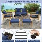 Set conversazione 7 pezzi Costway, set di sedie in rattan intrecciato con 2 tavolini da caffè e 2 pouf