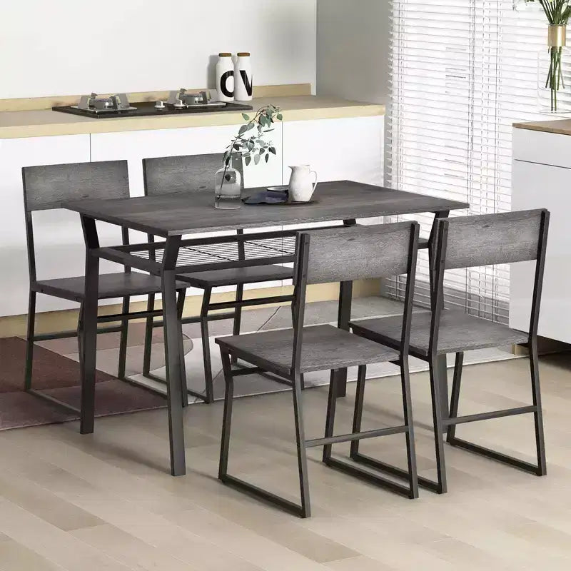 Set da pranzo 5 pezzi Costway, tavolo da cucina rettangolare in stile industriale con 4 sedie, grigio/marrone