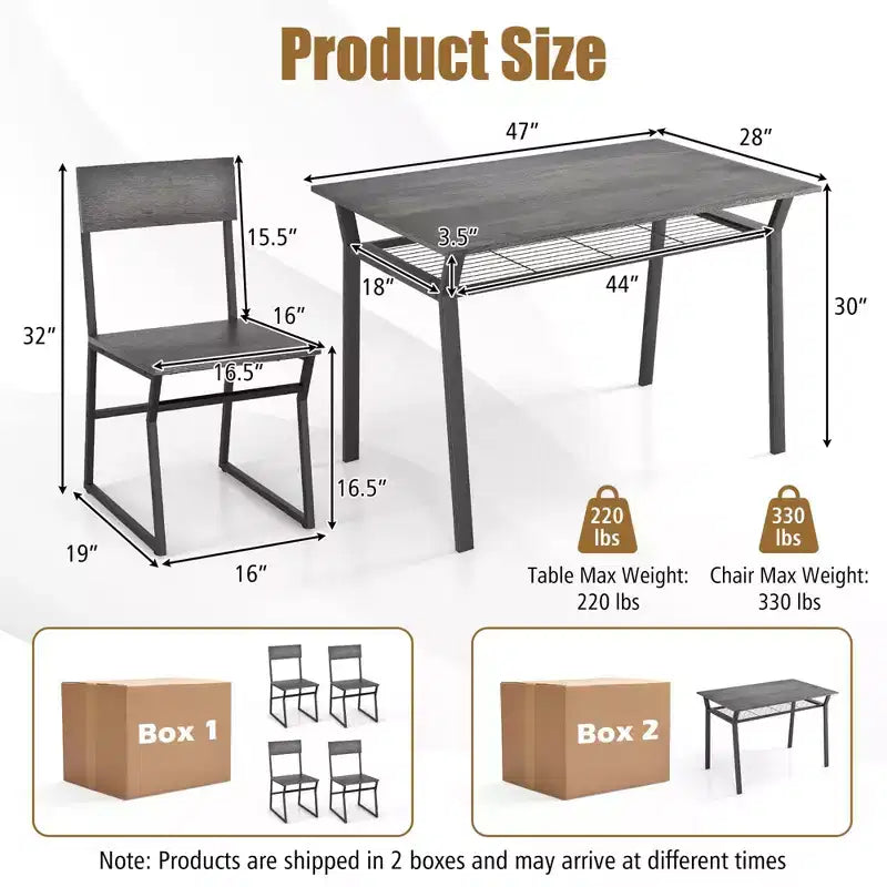 Set da pranzo 5 pezzi Costway, tavolo da cucina rettangolare in stile industriale con 4 sedie, grigio/marrone