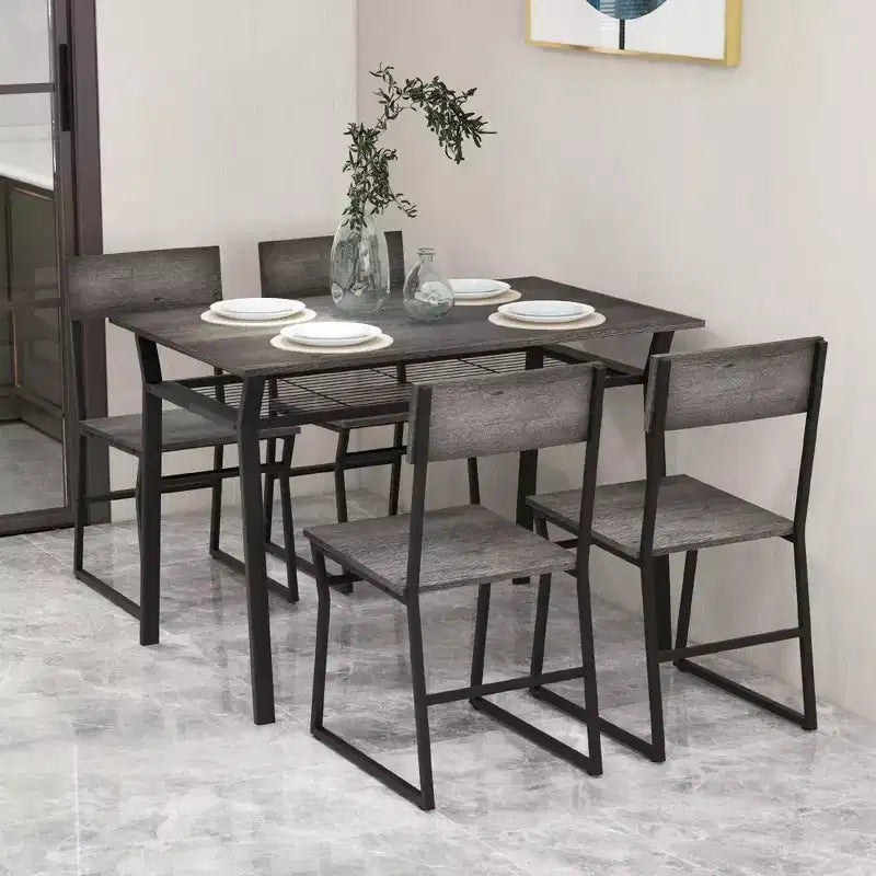 Set da pranzo 5 pezzi Costway, tavolo da cucina rettangolare in stile industriale con 4 sedie, grigio/marrone