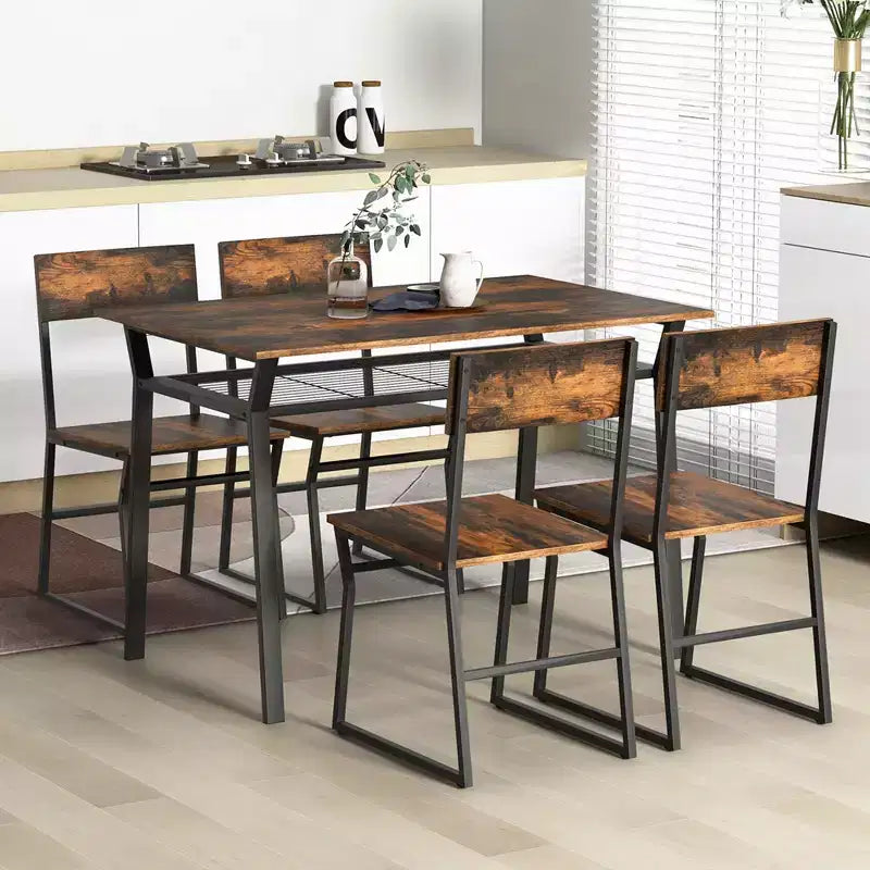 Set da pranzo 5 pezzi Costway, tavolo da cucina rettangolare in stile industriale con 4 sedie, grigio/marrone