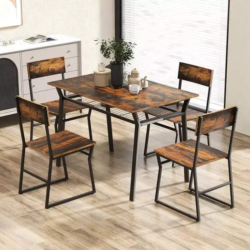Set da pranzo 5 pezzi Costway, tavolo da cucina rettangolare in stile industriale con 4 sedie, grigio/marrone