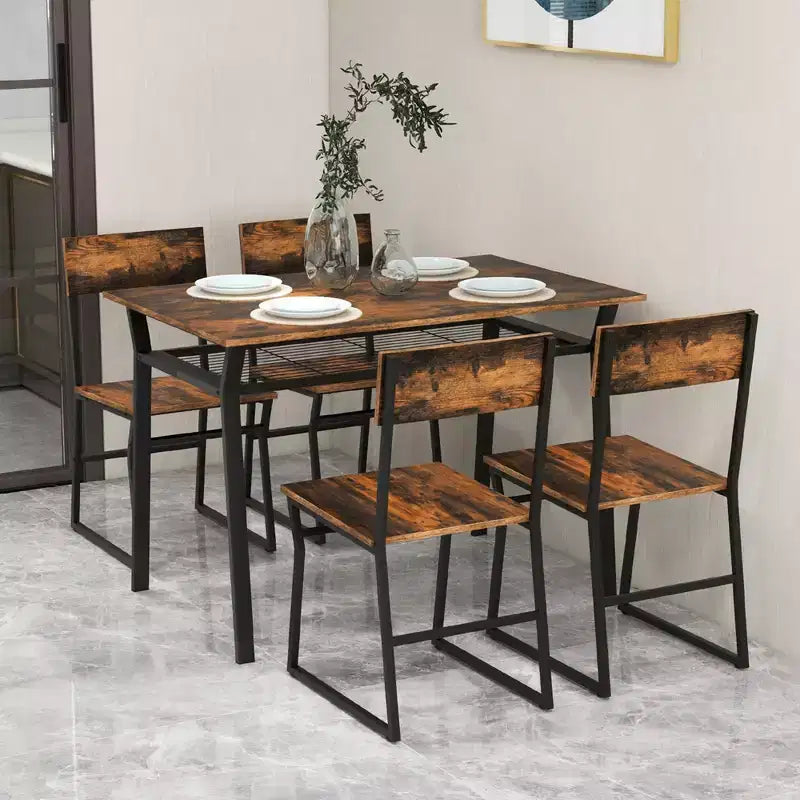 Set da pranzo 5 pezzi Costway, tavolo da cucina rettangolare in stile industriale con 4 sedie, grigio/marrone