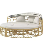 Outsunny Letto rotondo da esterno 4 pezzi con tettuccio, set mobili da giardino in rattan PE imbottito, bianco crema