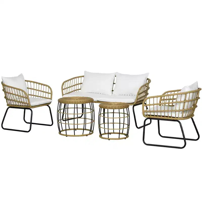 Set di mobili da esterno Outsunny 5 pezzi in rattan PE con sedie imbottite, divanetto e tavolini impilabili