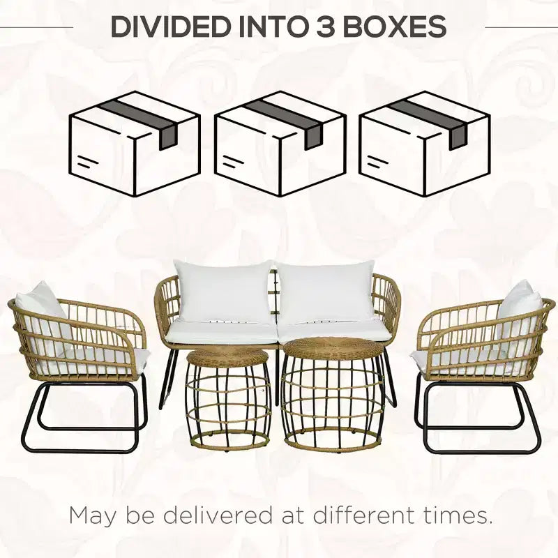 Set di mobili da esterno Outsunny 5 pezzi in rattan PE con sedie imbottite, divanetto e tavolini impilabili