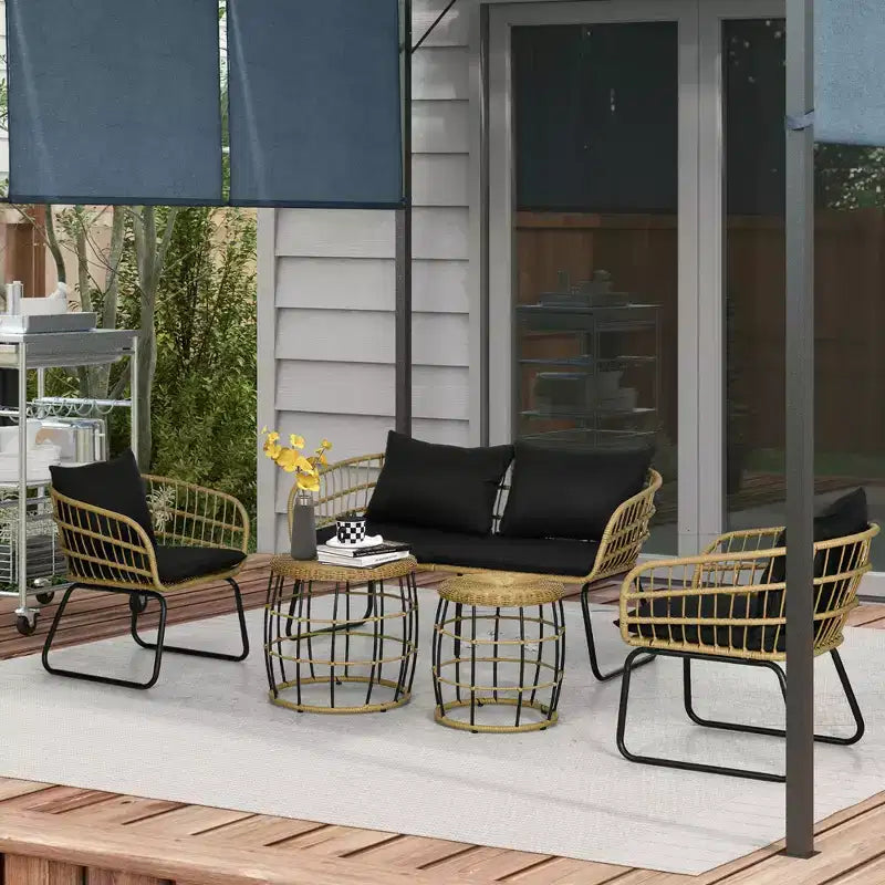 Set di mobili da esterno Outsunny 5 pezzi in rattan PE con sedie imbottite, divanetto e tavolini impilabili