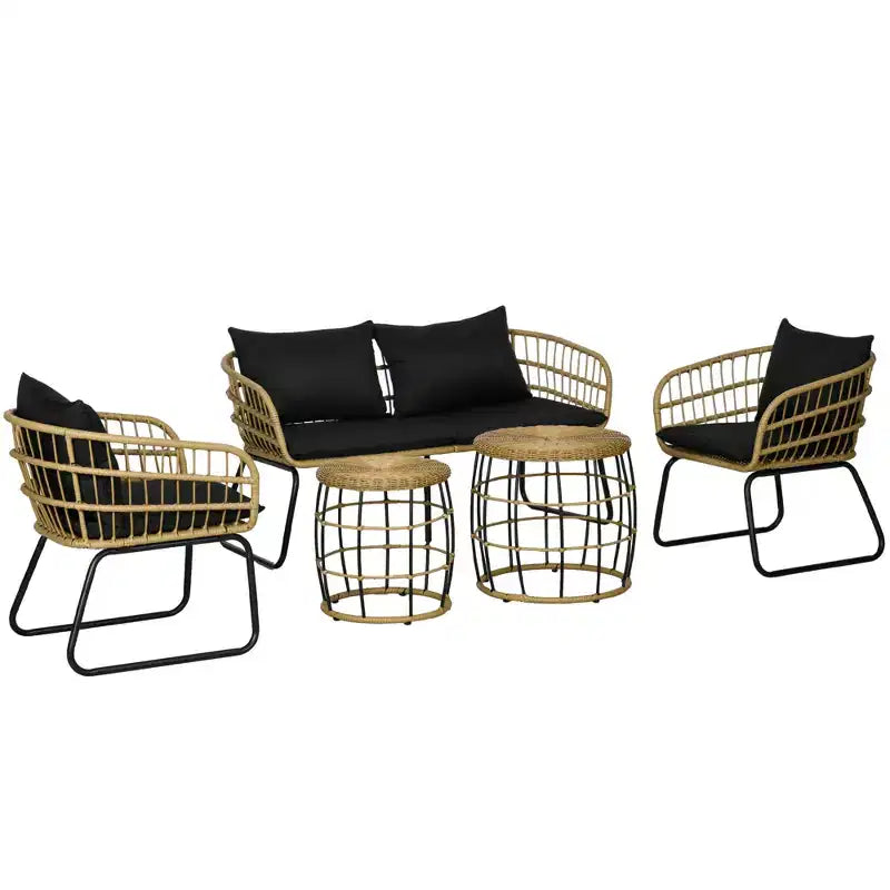 Set di mobili da esterno Outsunny 5 pezzi in rattan PE con sedie imbottite, divanetto e tavolini impilabili