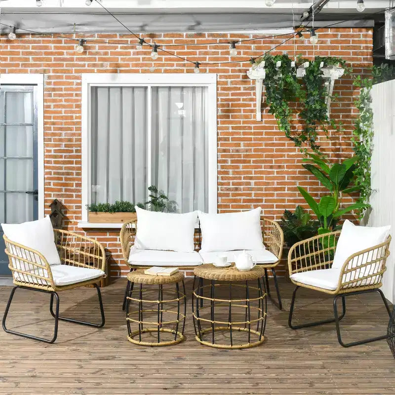 Set di mobili da esterno Outsunny 5 pezzi in rattan PE con sedie imbottite, divanetto e tavolini impilabili