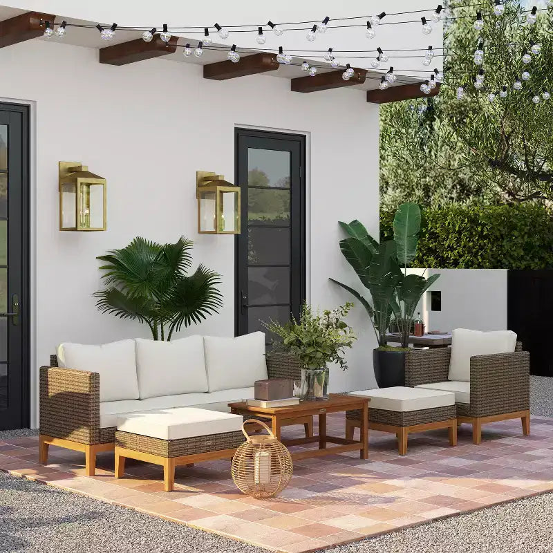 Outsunny Set di Mobili da Giardino Imbottito, Set da Conversazione in Rattan PE con Telaio in Legno 5 Pezzi, Bianco Crema