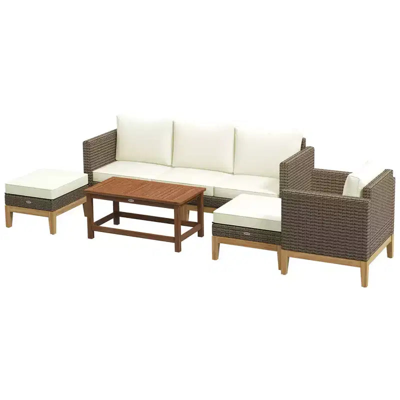 Outsunny Set di Mobili da Giardino Imbottito, Set da Conversazione in Rattan PE con Telaio in Legno 5 Pezzi, Bianco Crema