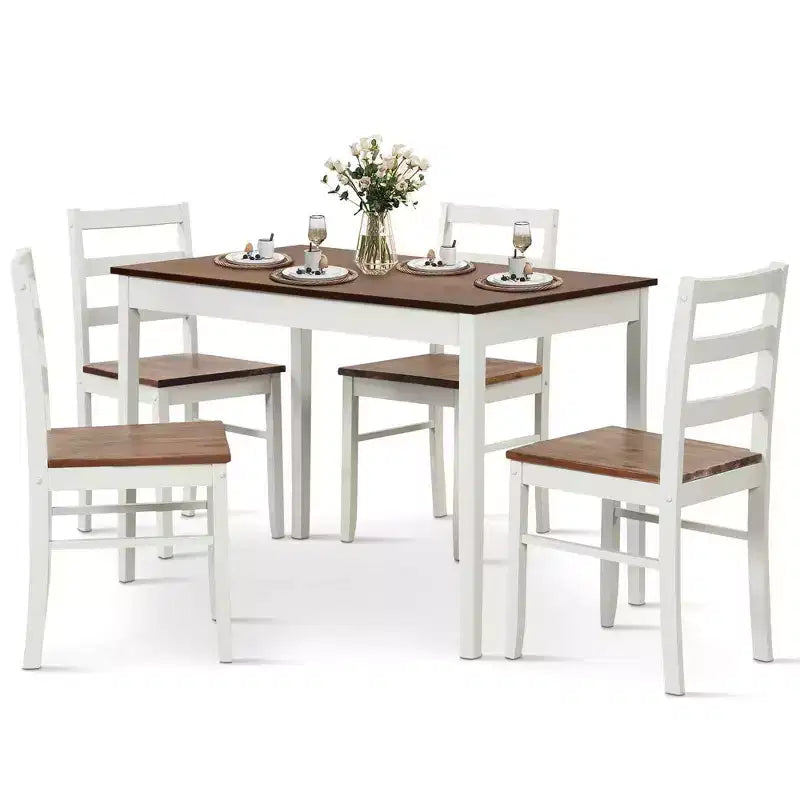 Set da pranzo Costway da 5 pezzi, mobili da cucina in legno massello con tavolo rettangolare e 4 sedie, naturale/caffè/grigio