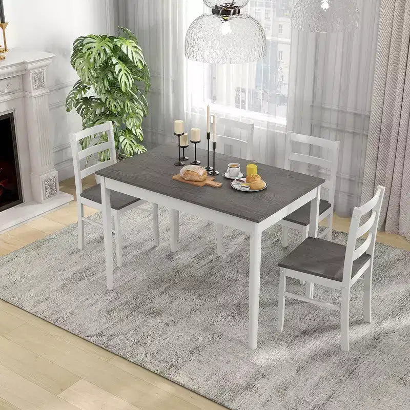 Set da pranzo Costway da 5 pezzi, mobili da cucina in legno massello con tavolo rettangolare e 4 sedie, naturale/caffè/grigio