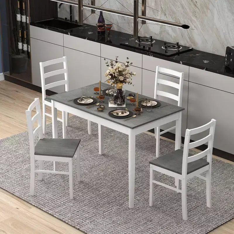 Set da pranzo Costway da 5 pezzi, mobili da cucina in legno massello con tavolo rettangolare e 4 sedie, naturale/caffè/grigio