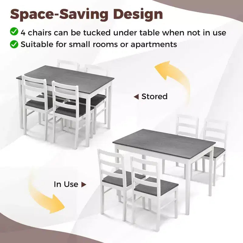 Set da pranzo Costway da 5 pezzi, mobili da cucina in legno massello con tavolo rettangolare e 4 sedie, naturale/caffè/grigio