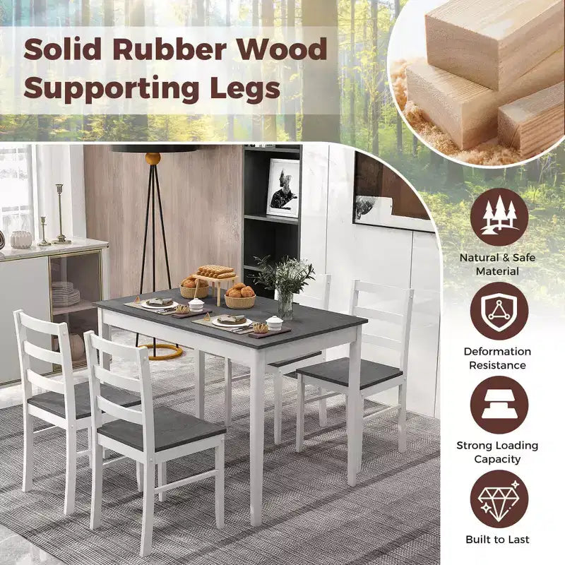 Set da pranzo Costway da 5 pezzi, mobili da cucina in legno massello con tavolo rettangolare e 4 sedie, naturale/caffè/grigio
